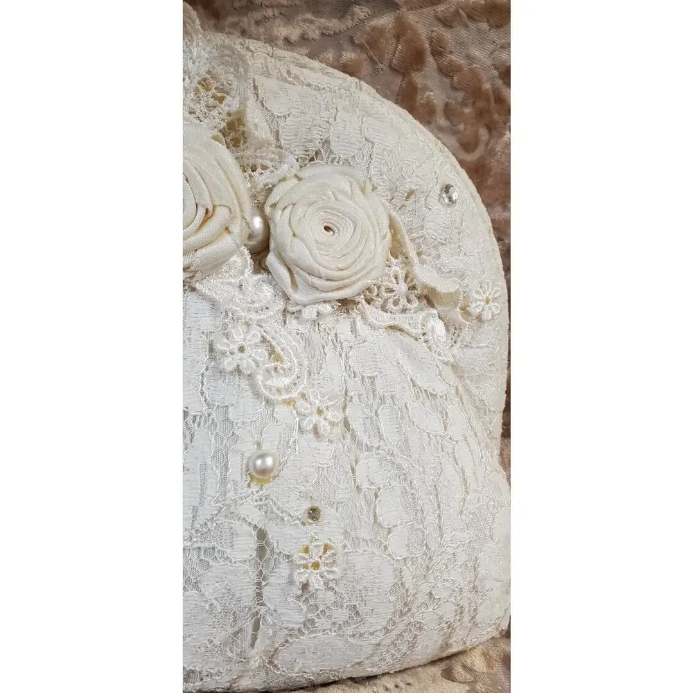 Vintage 80s Marie Palmese Lace Floral Satin Rhinestone Bag Cream Dressy Bridal